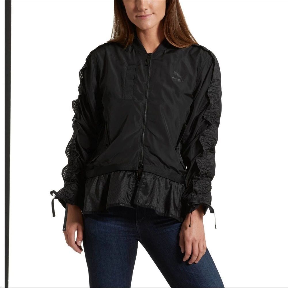 Puma Xtreme Frill Bomber Jacket Black Ruched Tie Sleeves Zip Off Frill Hem XL - Picture 2 of 15